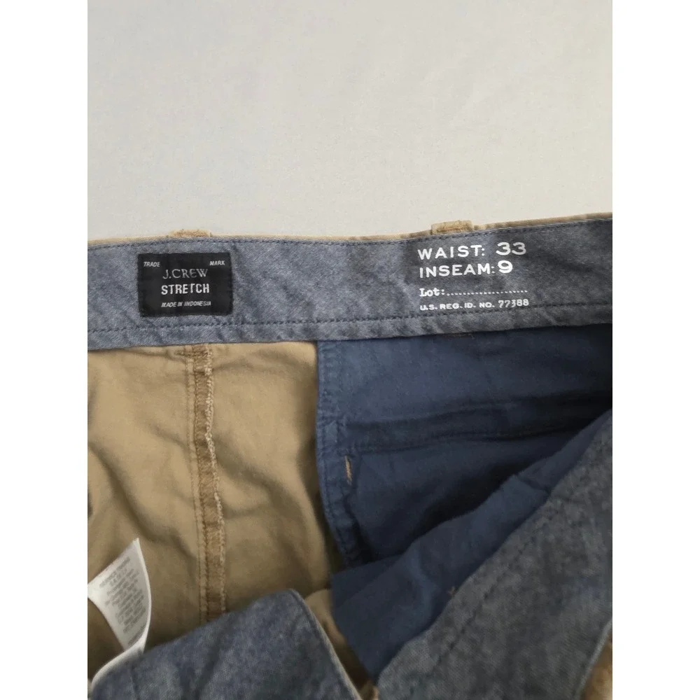J.Crew Stretch Chino Shorts Mens 33 Khaki Tan 9 Inch Inseam Cotton Blend